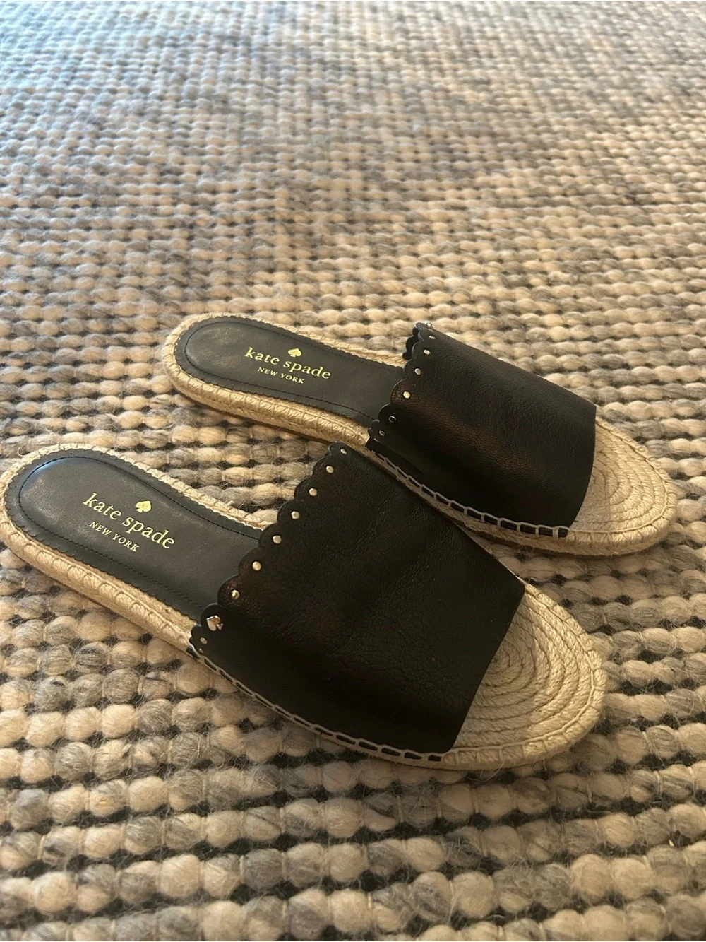 kate spade Black Leather Scalloped Espadrille Slides